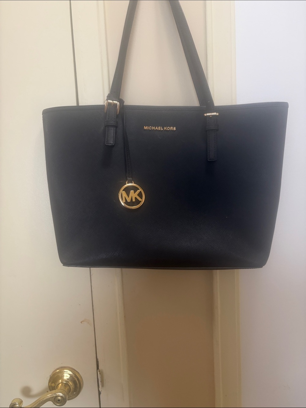 Michael Kors Black Leather Shoulder Tote with Gold MK Charm